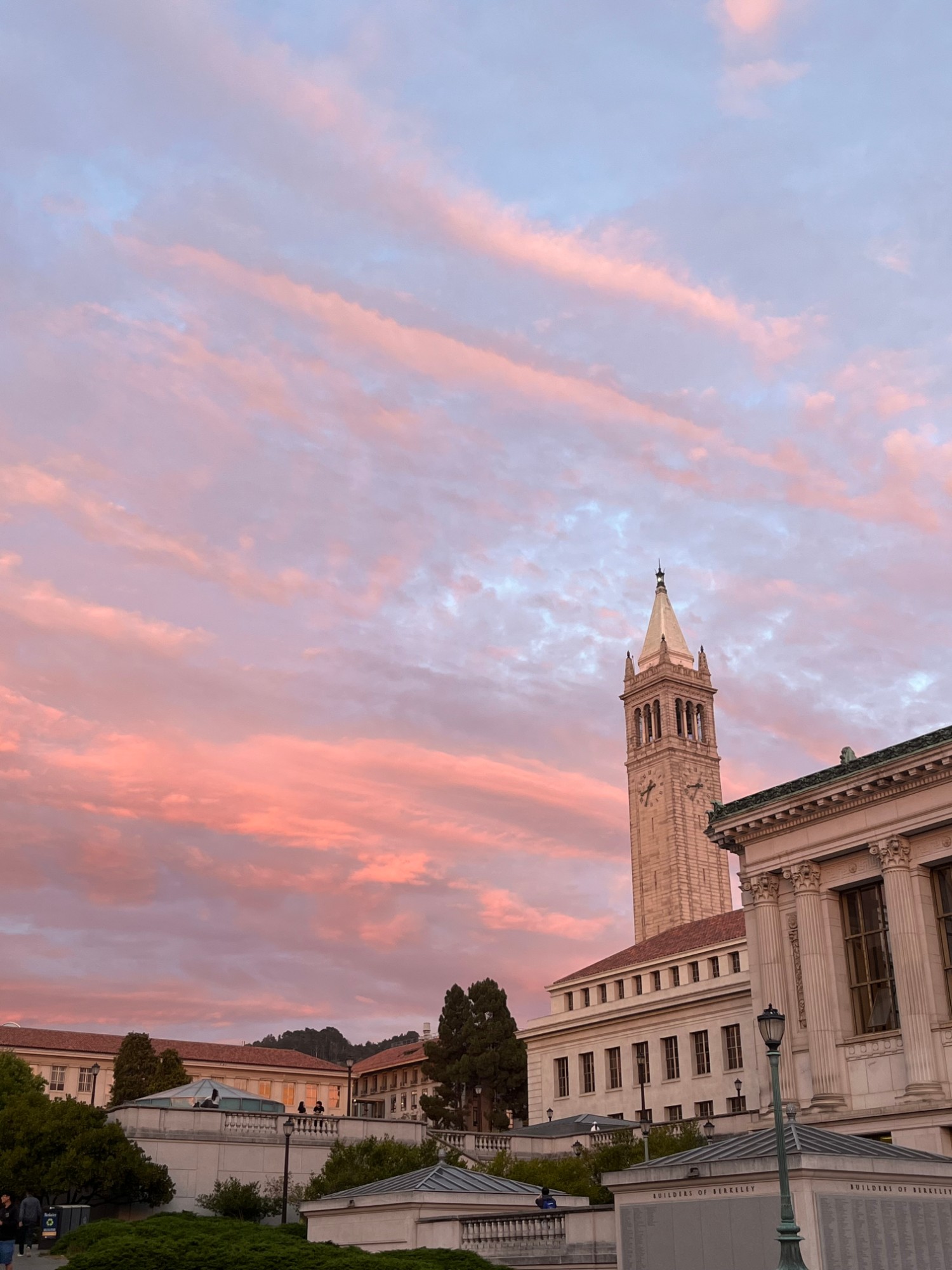 The Campanile at UC Berkeley under a pink sunset sky